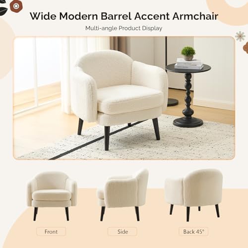 VINGLI 30.3" Wide Modern Barrel Accent Armchair with Track Armrest, Solid Wooden Legs, Comfy Upholstered Club Chair, Round Single Home Sofa for Living Room, Bedroom, Reading Room, Teddy Fleece White