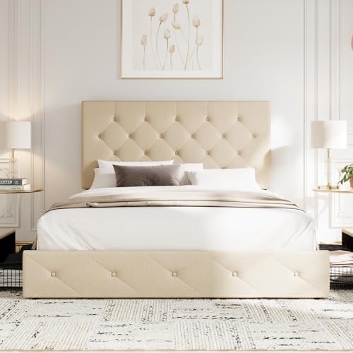 Allewie Full Size Storage Bed Frame with 4 Underbed Drawers, Upholstered Platform Bed with Adjustable Headboard, Diamond Button Tufted, Easy Assembly, Noise-Free, No Box Spring Needed, Beige