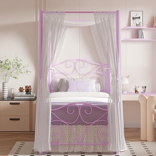 VECELO Metal Canopy Bed Frame Twin Size, 4 Posters Platform Mattress Foundation with Headboard, Heavy Duty Steel Slats Support, No Box Spring Needed, Purple