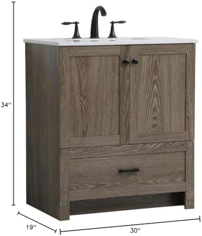 30" Pre-Assembled Bathroom Vanity with Sink, Engineered Wood, Ivory White Engineered Marble Countertop Attached, Single Rectangle Porcelain Sink, 1 Soft-Close Drawers, Weathered Oak