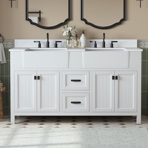 60 Inch Bathroom Vanity with Double Sink, White | Farmhouse Solid Wood Double Sink Bathroom Vanity with Soft Close Doors & Drawers, Apron Farm Sink, 0.78" Stone Top