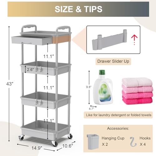 Goovilla 4 Tier Rolling Utility Cart Organizer with Removable Drawer, Grey