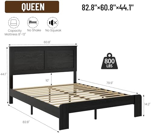 Queen Size Black Farmhouse Wood Bed Frame with Panel Headboard