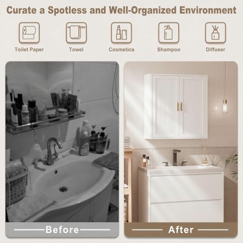 INNOD Bathroom Storage Cabinet, Over The Toilet Storage Cabinet, Medicine Cabinet with Adjustable Wood Shelf & Doors for Laundry Room & Kitchen & Living Room(White)