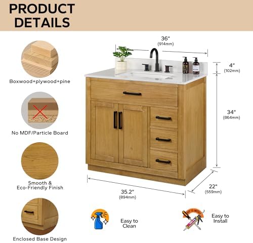36-inch Natural Oak Bathroom Vanity with Sink, Solid Wood, 0.79-inch Stone Countertop and Backsplash, 4 Drawers, 2 Soft Closing Doors