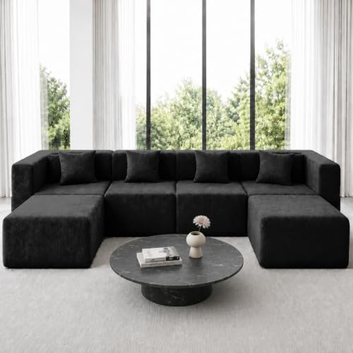MONVANE 130" U-Shaped 6 Seat Modular Sectional Cloud Couch, Jet Black