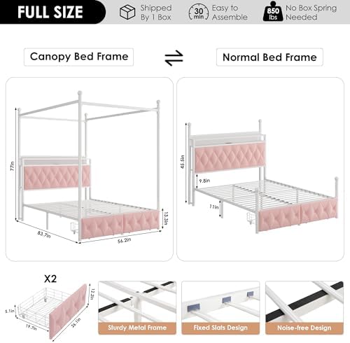 HIFIT Full Size LED Canopy Bed Frame with Storage & Charging Station, Pink