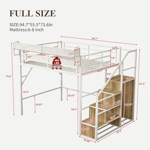 Full Size Metal Loft Bed with Storage Stairs, Wardrobe & Charging Station