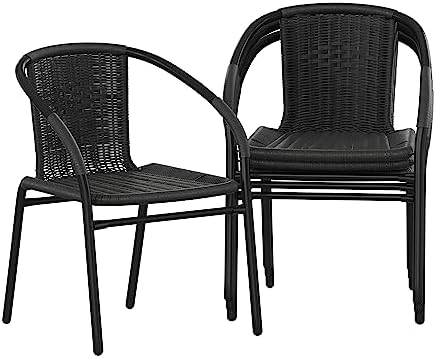 Flash Furniture Lila Modern Rattan Indoor/Outdoor Stackable Dining Chairs, Stacking Rattan Bistro Chairs for Patio or Restaurant, Set of 4, Black