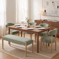 VKNOW Upholstered Dining Room Set for 6, Mid-Century Modern Dining Chairs Set of 4 and Dining Bench with Rubberwood Legs, for Dining Room, Living Room, Kitchen, Green