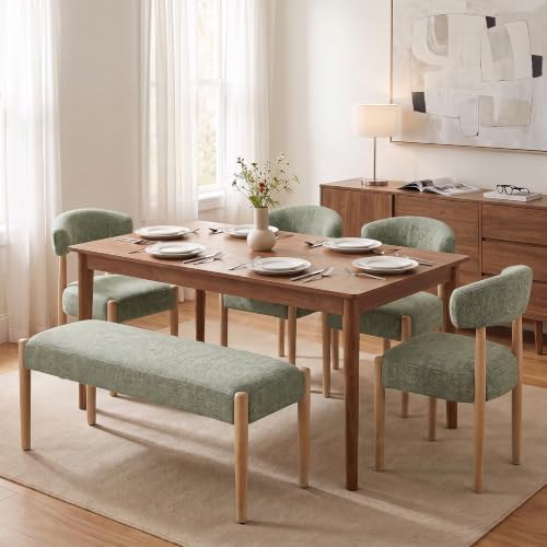 VKNOW Upholstered Dining Room Set for 6, Mid-Century Modern Dining Chairs Set of 4 and Dining Bench with Rubberwood Legs, for Dining Room, Living Room, Kitchen, Green