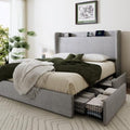 SHA CERLIN Queen Size Storage Bed Frame with 4 Oversized Drawers, Modern Wingback Headboard with Storage Shelf & Charging Station, No Box Spring Needed, Easy Assembly, Grey