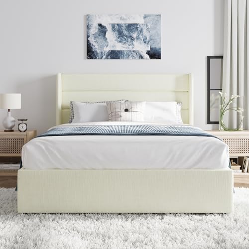 SHA CERLIN Queen Size Chenille Lift Up Hydraulic Storage Bed Frame Cream