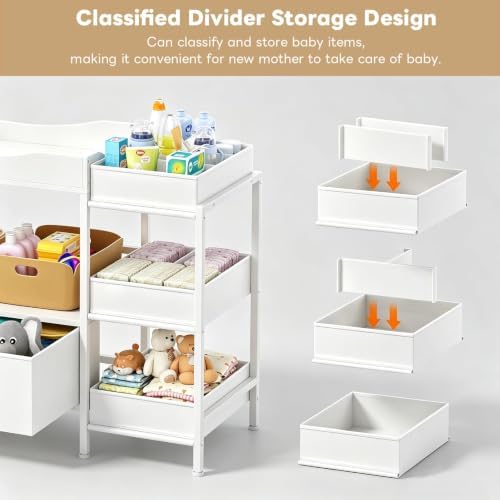 Baby Changing Table with Storage,Heavy-Duty Diaper Changing Station, White Nursery Dresser Organizer with 2 Large Fabric Baby Drawers, 3 Diaper Caddy Bin & Wood Shelf, Kids & Baby Bedroom Furniture