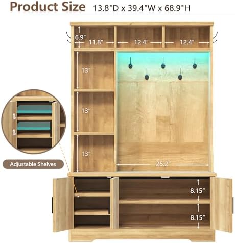 CSZZD Fluted Hall Tree with Bench and Shoe Storage and LED Lights