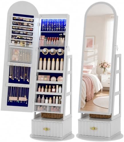 Vlsrka Arched LED Mirror Jewelry Cabinet with Full Length Mirror, White | Lockable Jewelry Armoire Cabinet, 360° Swivel Jewelry Organizer with Drawer Storage, Foldable Makeup Shelf, 2 Rear Hooks