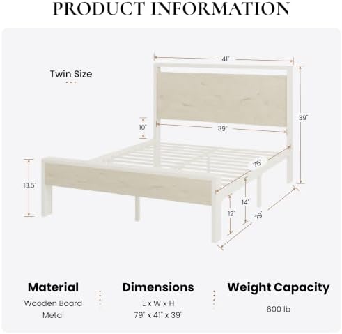 SHA CERLIN 14 Inch Twin Metal Platform Bed Frame with Wooden Headboard and Footboard, No Box Spring Needed, Large Under Bed Storage, Heavy Duty Slats Support, White Washed Oak