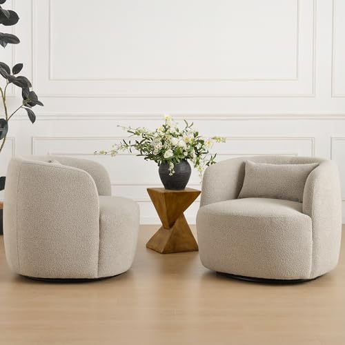 KINWELL 34" W Sherpa Swivel Barrel Chairs with Pillow Set of 2, Taupe Grey