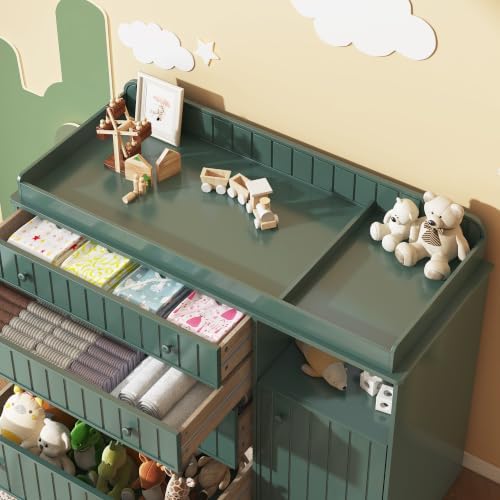 Green Changing Table Dresser with 4 Drawers, Baby Nursery Diaper Table