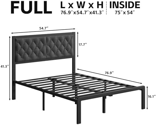 Fluest Full Bed Frame with Headboard Linen Upholstered Bed Frame Platform,All Metal Slats Support Platform Bed Frame with Storage Space,Easy Assembly,Noise Free,No Box Spring Needed,Grey