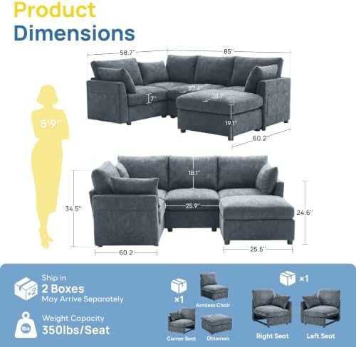 Iroomy Modular Sectional Loveseat Couch for Living Room, Modern Chenille Sofa with Ottoman, 5 Seat, Grey