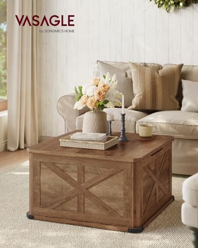 VASAGLE Farmhouse Coffee Table with Storage, Flip-Top Lids