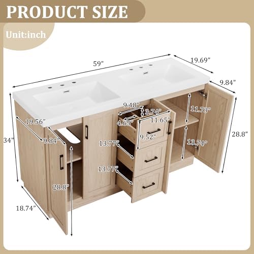 LUMISOL 60 Inch Bathroom Vanity with Double Sink, Wooden Freestanding Bathroom Cabinet with 3 Drawers & 4 Soft-Close Doors, Large Double Sink Vanity with SMC Sinks, Wood