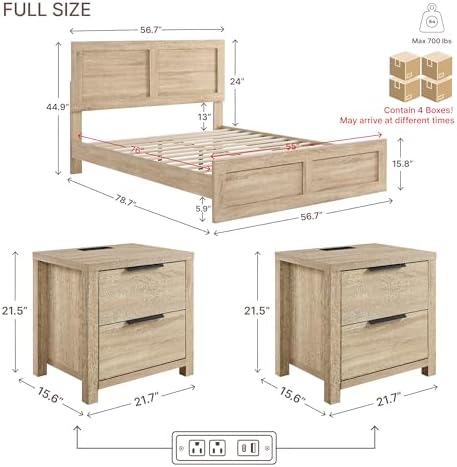 KISLOT 3-Piece Bedroom Set, Bed Frame & 2 Nightstands, Natural, Full