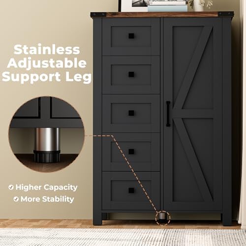 VVFLU Farmhouse White Dresser for Bedroom with 4 Drawers and 2 Barn Doors, Black Wood Chest of Drawers 47 Inch Wide, Large, Long, Adjustable Shelves, 5 Legs, Living Dining Room, Entryway, Hallway