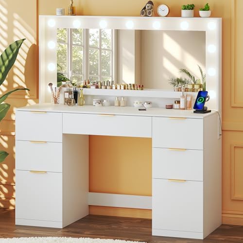 HUAHUU Vanity Desk with Mirror and Lights, 45.3in Makeup Vanity with 7 Drawers & Large Mirror, White Vanity with 3-Color Adjustable Lighting & Power Outlet, Vanity Desk for Bedroom