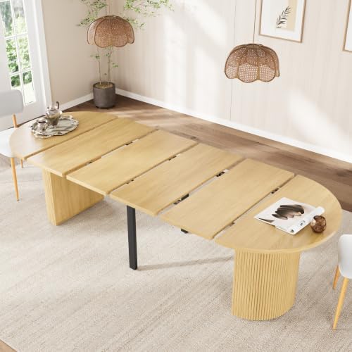 weselon 42"-105" Extendable Dining Table for 4-12, Expandable Oval Dining Room Table with Fluted Pedestal Base & Reinforced Metal Support Leg, Large Modern Kitchen Table for Dining Room (Natural)