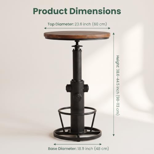 Vintage Bistro Table Height Adjustable 38.6-44.4inch Industrial Bar Table for Kitchen Dining Room Coffee House Pub Office Swivel Round Wooden Top for 2-3 People
