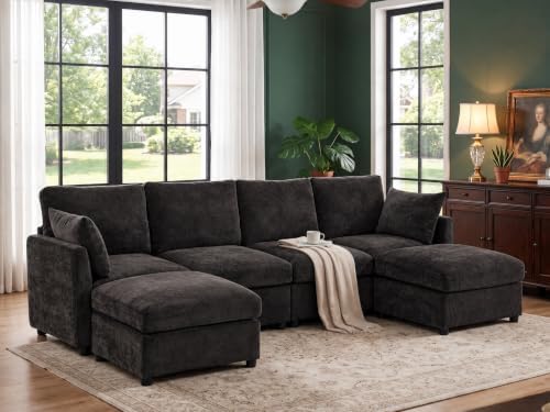 Iroomy Modular Sectional Couch for Living Room, Modern 6 Seater Convertible U Shaped Sofa with Ottoman, Spring Cushion Seating, Black