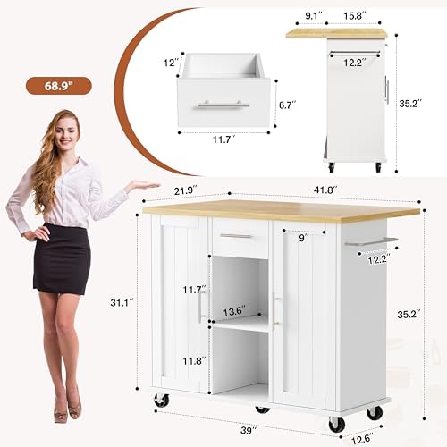 JY QAQA 42" Rolling Kitchen Island Cart with Storage, Drop Leaf Countertop, Drawers & Towel Rack, Mobile Kitchen Table on Wheels for Kitchen Dining Room, White