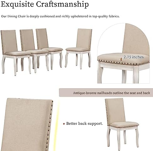 LUMISOL Round Dining Table Set for 4, Farmhouse Kitchen Table Set with Round Extendable Dining Table and 4 Upholstered Dining Chairs, Oak Natural Wood+Antique White