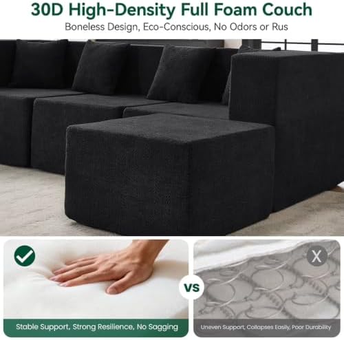 MONVANE 130" U-Shaped 6 Seat Modular Sectional Cloud Couch, Jet Black
