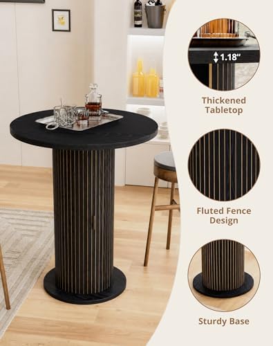 Bar Table with Storage and Sliding Door, 39.4” H 31.5” W Small Round Kitchen Table, Home Bar High Top Cocktail Table for Kitchen, Coffee Bar, Living Room, Black