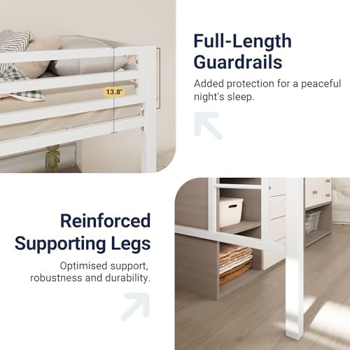 Allewie Metal Loft Bed Twin Size with Guardrail and Ladder,White