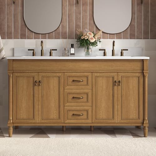 60 Inch Bathroom Vanity with Double Sink Combo, Light Walnut | Classic Cabinet with Countertop & Backsplash, Solid Wood Frame with Soft Closing Doors & 3 Dovetail Drawers, Ceramic Sink