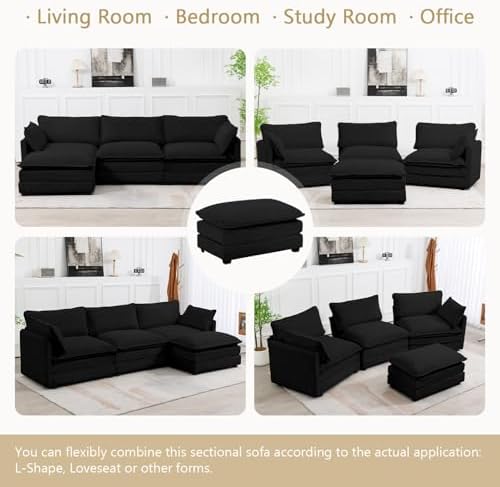 ROWHY 112'' Modular Sectional Cloud Couch with Movable Ottoman, 4 Seat Modern Corduroy Sofa, Deep Seat L Shaped Couch for Living Room Bedroom Apartment,Black