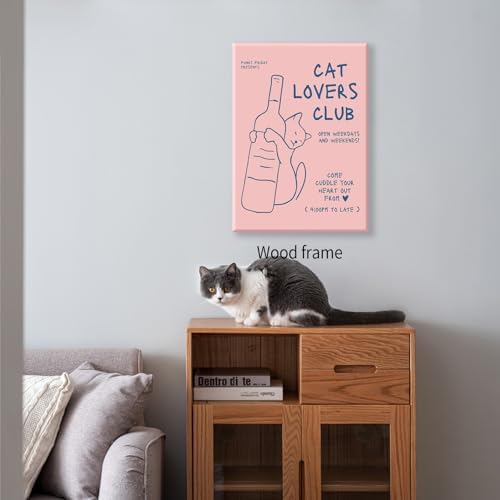 Cute Cat Alcohol Bottle Wall Art Funky Pink and Blue Aesthetic Poster 08x10 inch Framed Cat Lovers Club Canvas Prints Bar Cart Wall Decor for Home Bar Kitchen Bedroom