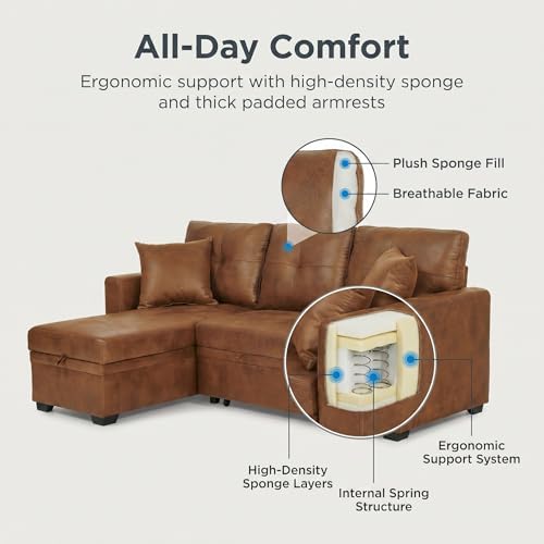 TYBOATLE Convertible Sofa Bed Couch with Reversible Storage Chaise, 71" L Shaped Pull Out Couch Bed, Comfy Linen Fabric Sleeper Sofa for Living Room, Apartment & Guest Room (Brown)
