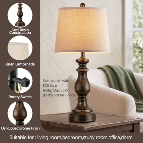 PARTPHONER Traditional Table Lamp Set of 2, Rustic Farmhouse Table Lamps for Living Room Bedroom, 27" Bedside Desk Lamps Vintage Nightstand Lamps with Linen Shades, Oil Rubbed Bronze