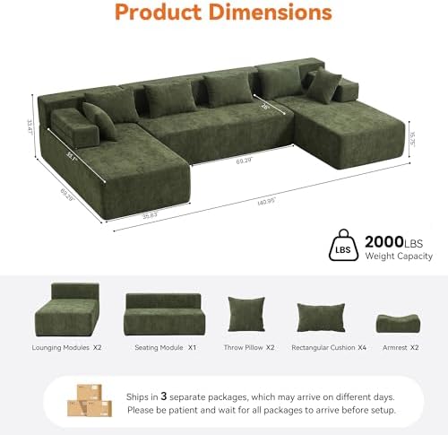 MONVANE 141" U-Shaped Modular Sectional Sofa, Dark Green