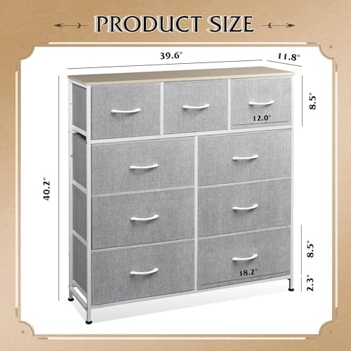 WLIVE Tall Dresser for Bedroom, 9 Drawer Chest of Drawers, Light Grey