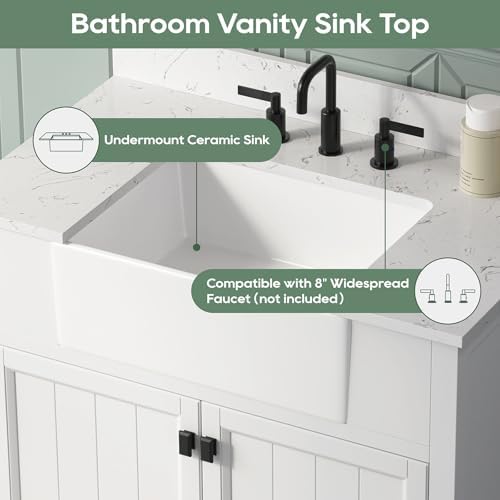 36 Inch White Bathroom Vanity with Sink, Solid Wood | Farmhouse Pre Assembled Vanity Bathroom with Soft Closing Doors, Vanity for Bathroom, Apron Farm Sink