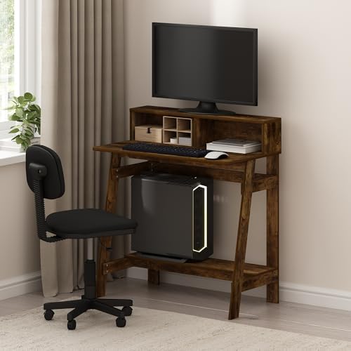 Furinno Simplistic 32" Wide Desk, Gaming Desk with Shelf, Amber Pine