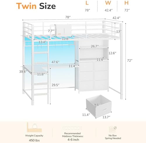 DICTAC Twin Loft Bed with Desk, Storage Bookshelf and 6 Drawers, White