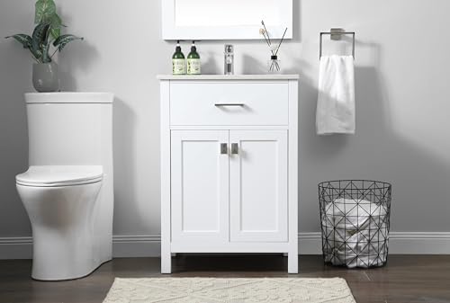 24" Pre-Assembled Bathroom Vanity with Sink, Engineered Wood, Calacatta White Engineered Marble Countertop Attached, Single Rectangle Porcelain Sink, White