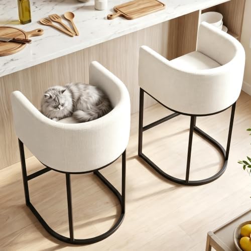 26" H Counter Height Bar Stools Set of 1, Modern Barrel Counter Stools with Backrest and Arms, Linen Fabric Upholstered Accent Barstools for Kitchen Island,Support 450 LBS (White)